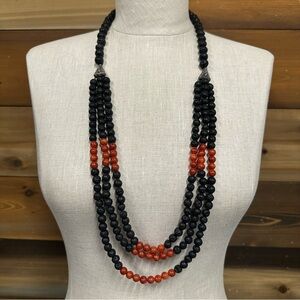 Lava Stone red sponge coral 3 row beaded necklace